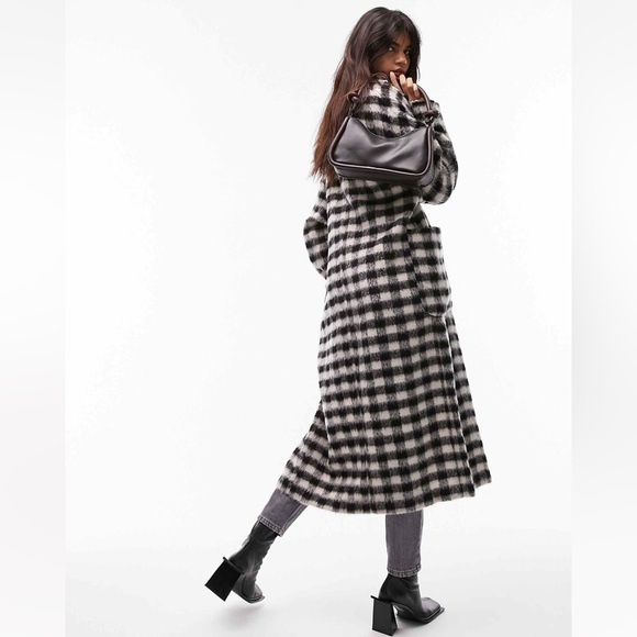 Top Shop Black and White Checkered Long Coat - Picture 2 of 8